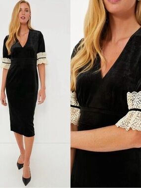 LN Tuckernuck Black Velvet Midi Odette Dress with Cream Lace Sleeves M